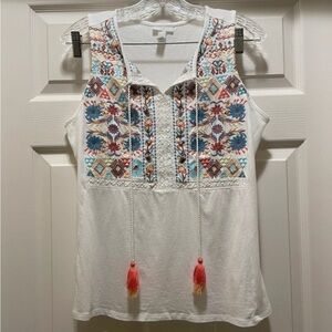 J Jill White w/ Colorful Embroidery Sleeveless Top with Tassels Size M